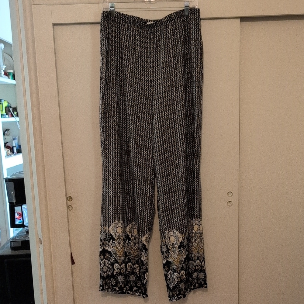 Spense Black and Cream Patterned Wide Leg Pants
